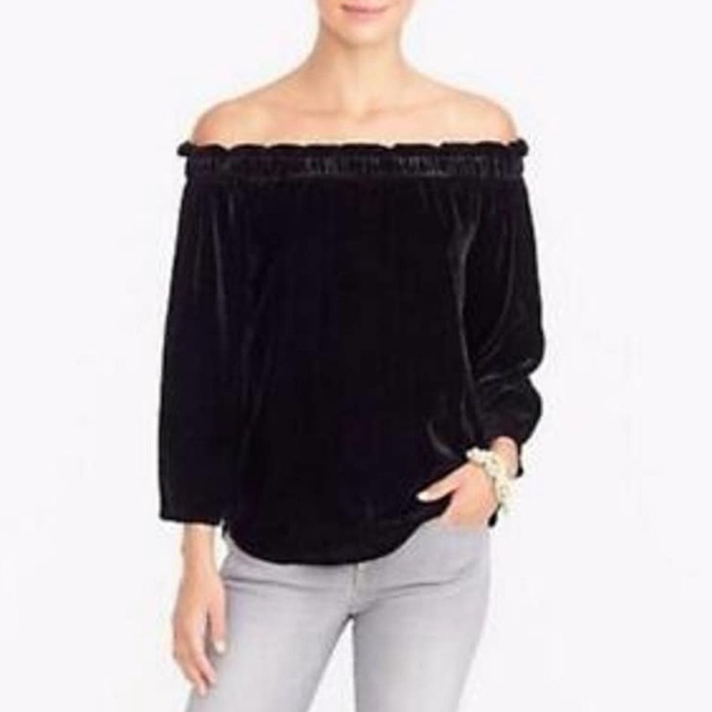 J Crew black velvet off the shoulder blouse